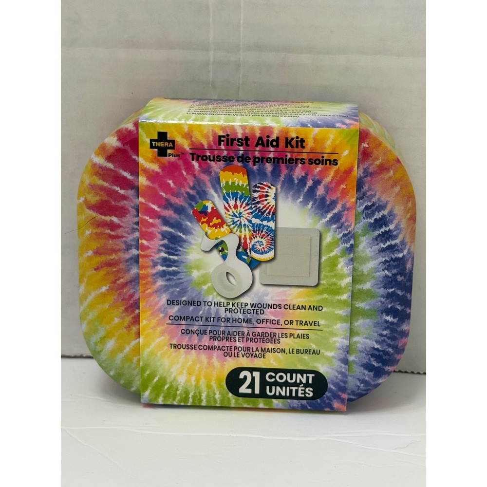 Thera Plus First Aid Kit 21 Count Tie Dye Compact Travel Tin Home Office New